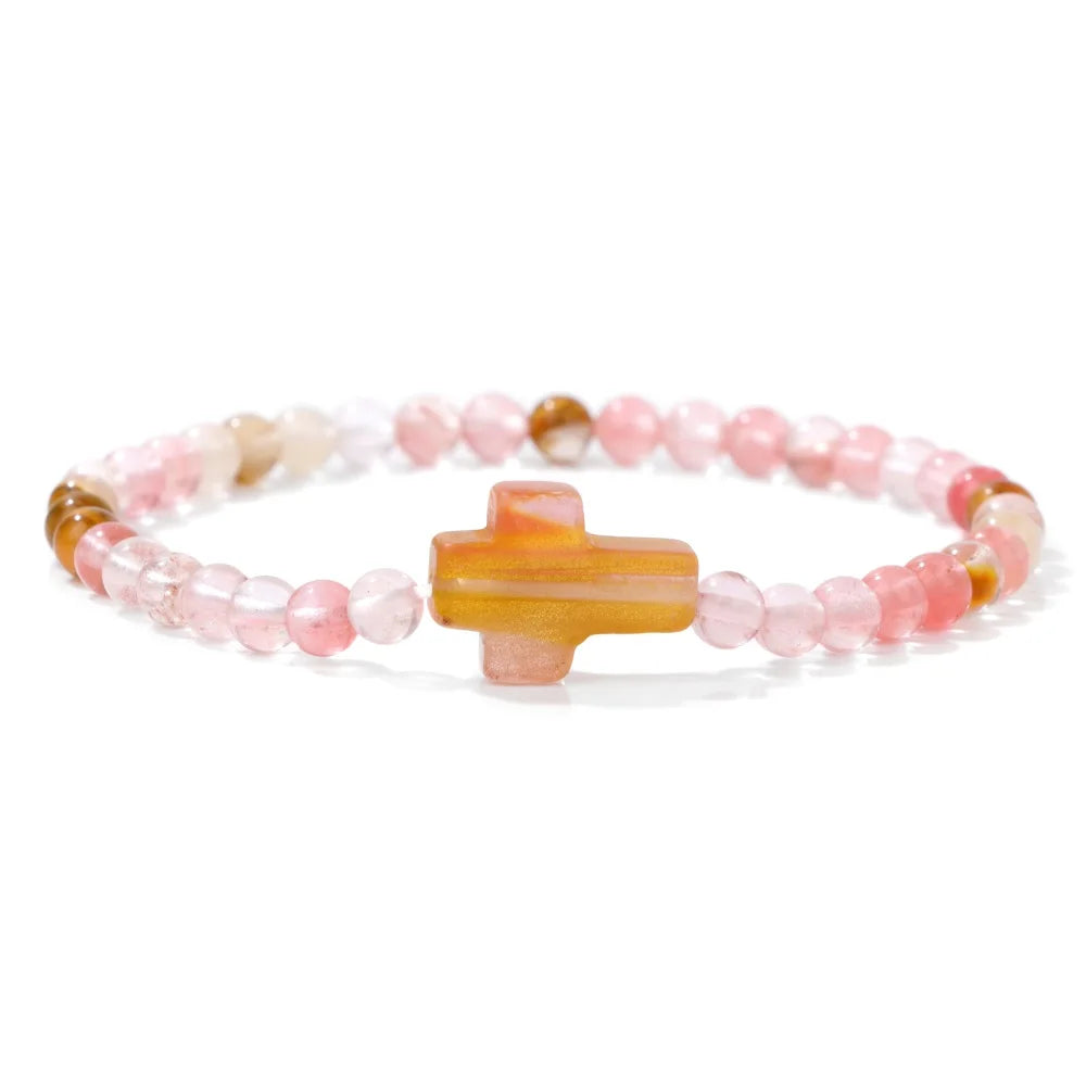 Trendy 4mm Beads Bracelet Stone Cross Charms Bracelet For Women Natural Gems Crystal Bangles Handmade Jewelry Men Yoga Prayer