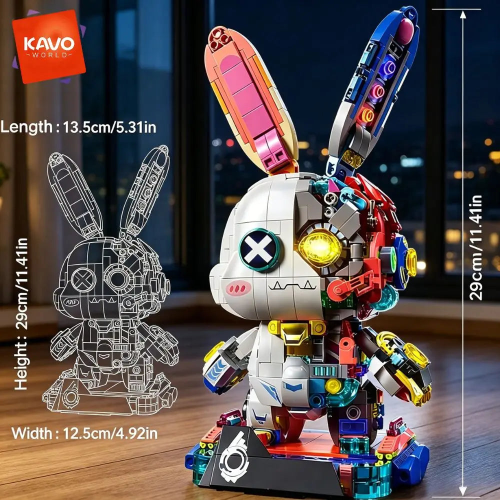 KAVOWORLD 1377PCS Robot Rabbit Building Blocks Set LED Light Up Multi-Point Rotatable Detachable Base DIY Cyberpunk Mecha Building Rabbit Bricks Kit Mechanical Bunny Construction Toy for Home Office Desk Decor Christmas Birthday Gift Teens Adults