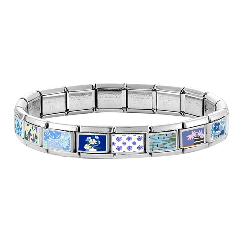 Wholesale Blue Series Beautiful Blue Flowers Italian Charms Fit 9mm Stainless Steel Women Fashion Bracelet DIY Jewelry Gifts