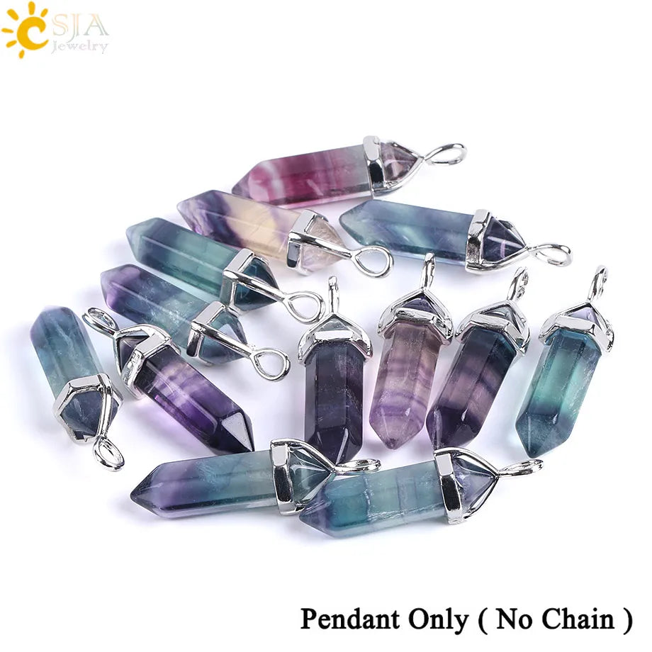 CSJA Fluorite Crystals Necklaces Pendants Suspension Quartz Natural Gem Stone Necklace for Women Hexagonal Reiki Healing G954