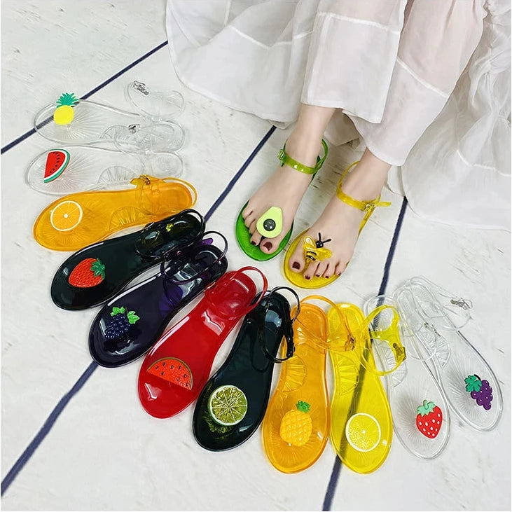 Plus Size 36-42 Ins Hot Sales Women Girls Jelly Sandals Colorfull Transparent PVC Beach Shoes Summer Fruit Flip-flop Shoes