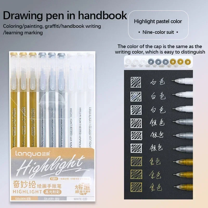 Languo Gel Pen Large Capacity Handbook Pens 6/9Pcs 0.6mm Student Art Diy Doodling Drawing Markers Office Kawaii Art Stationery