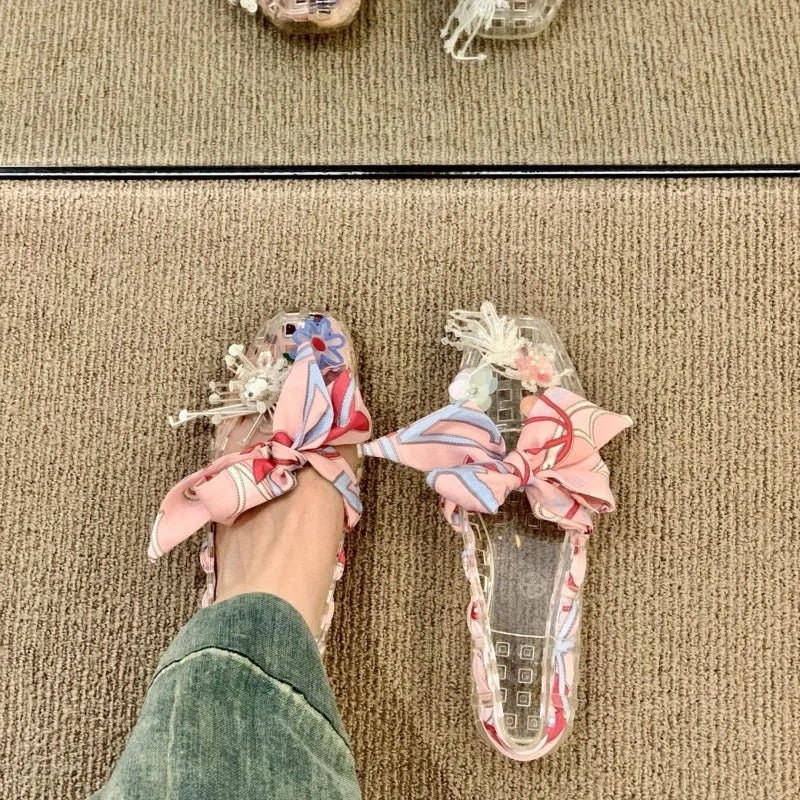 Women's Square Open Toe Jelly Flats DIY Crystal Floral Handmade Mesh Sandals Casual Slip-On Summer Shoes Holiday-style Sandals