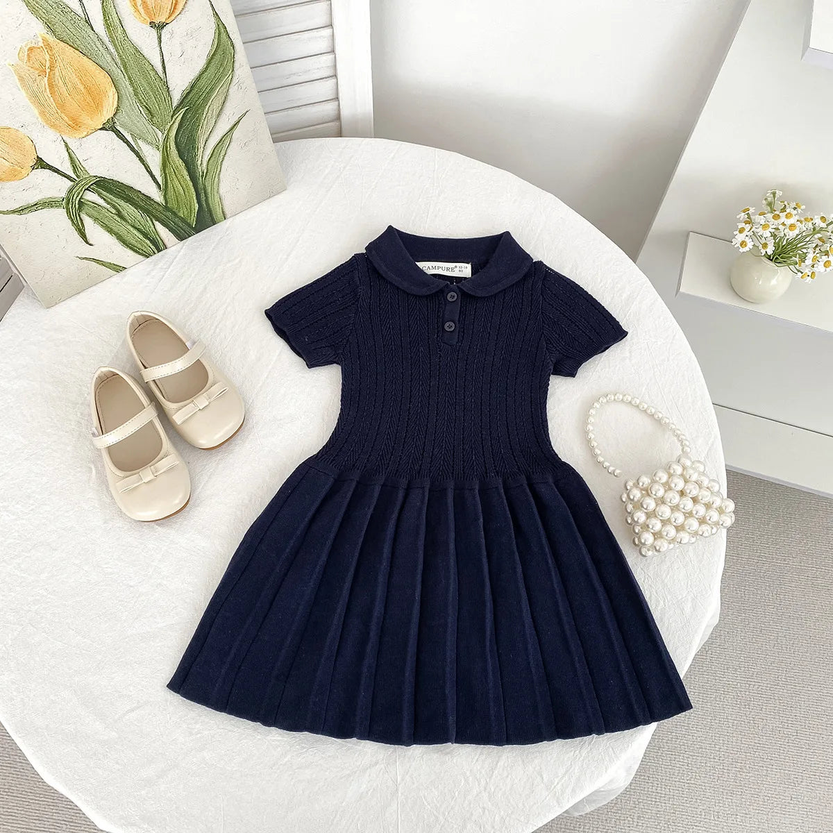 1-5Y Kids Clothes Hollow Out Knit Dress For Girls Preppy Style Childrens  Knit Pleated Dresses