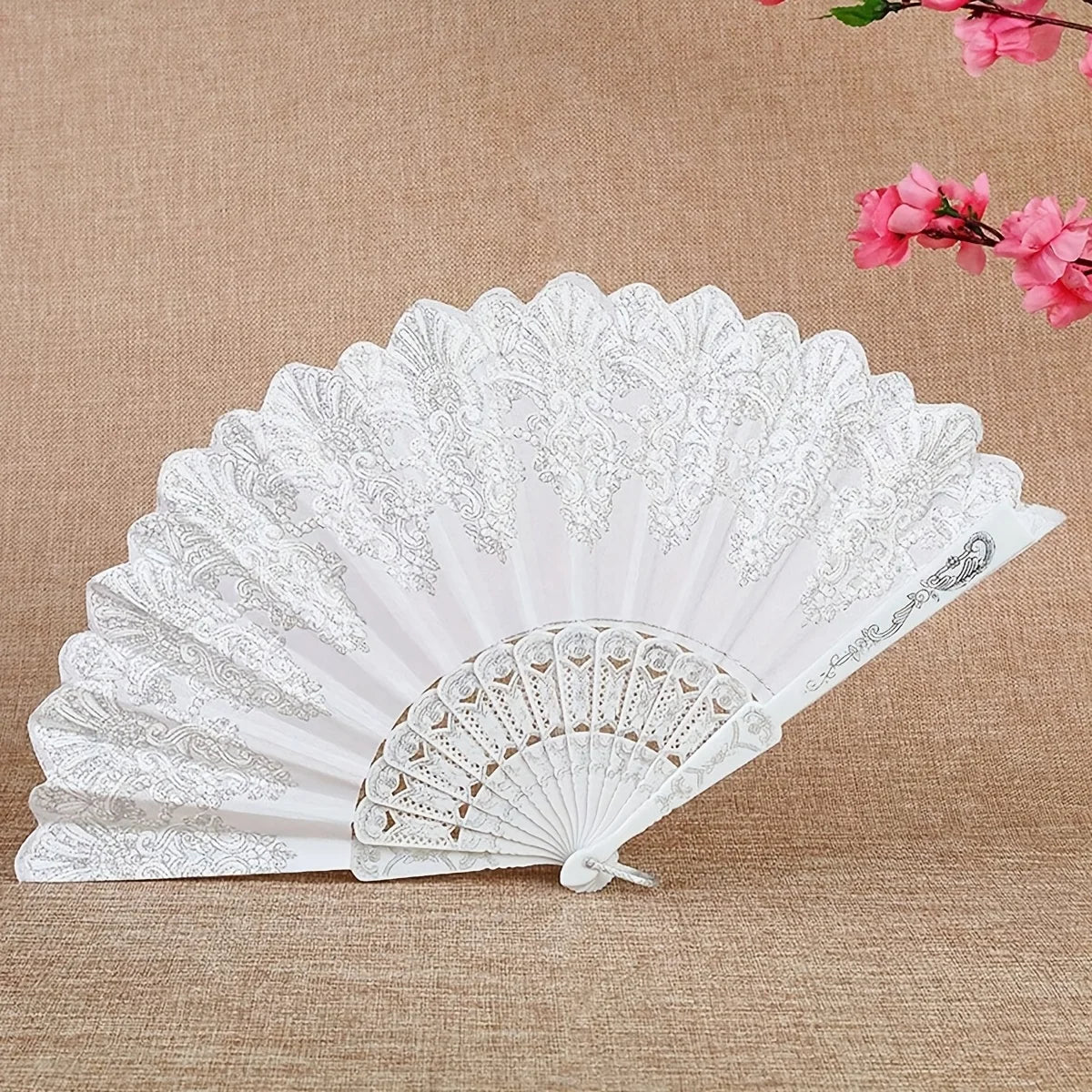 Elegant White Lace Folding Hand Fan, Portable Glitter Floral Fan for Summer Cooling, Wedding, Party & Spanish Dance Performance
