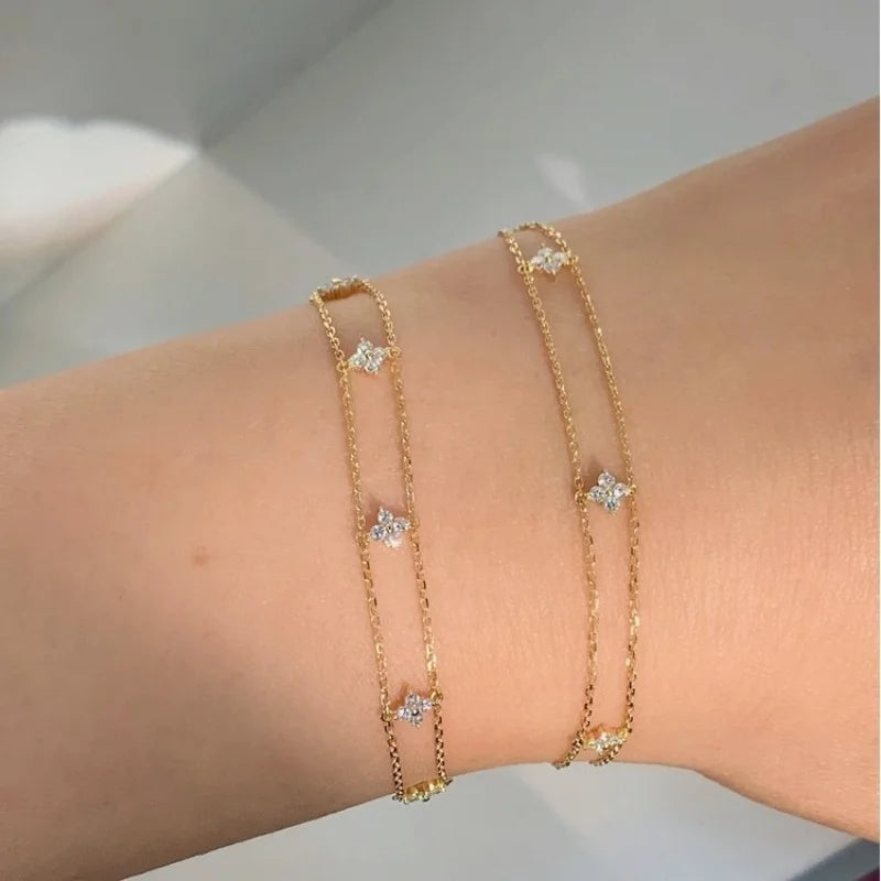S925 Sterling Silver Plated 18K Gold Light Luxury Double-layer Flower Zircon Bracelet Exquisite Simple Temperament Jewelry Gift