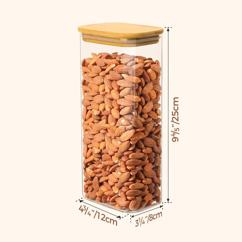 Rectangle  Storage Containers Jars with Bamboo Lids, Clear Food Storage Jar, Pantry Kitchen Organizer for Pasta Flour Oats Nuts