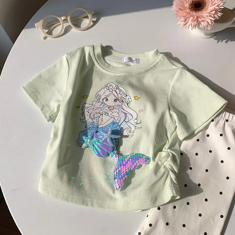 2-10T Mermaid Girls T Shirt Summer Toddler Kid Baby Clothes Short Sleeve Infant Princess Tee Top Loose Childrens Tshirt Outfit