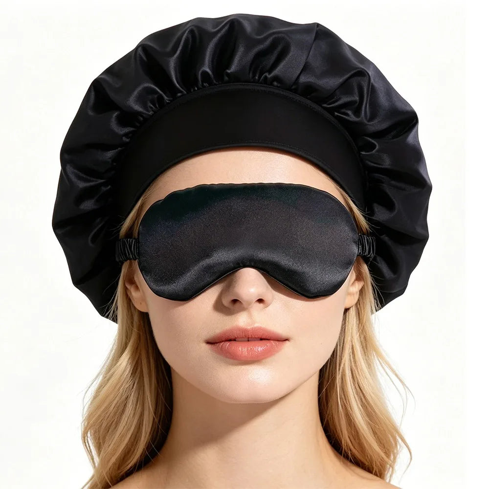 2PCS Satin Bonnet Sleep Cap Eye Mask Set Women Night Care Hair Wrap Sleeping Mask Silk Soft Comfortable Travel Rest Gift