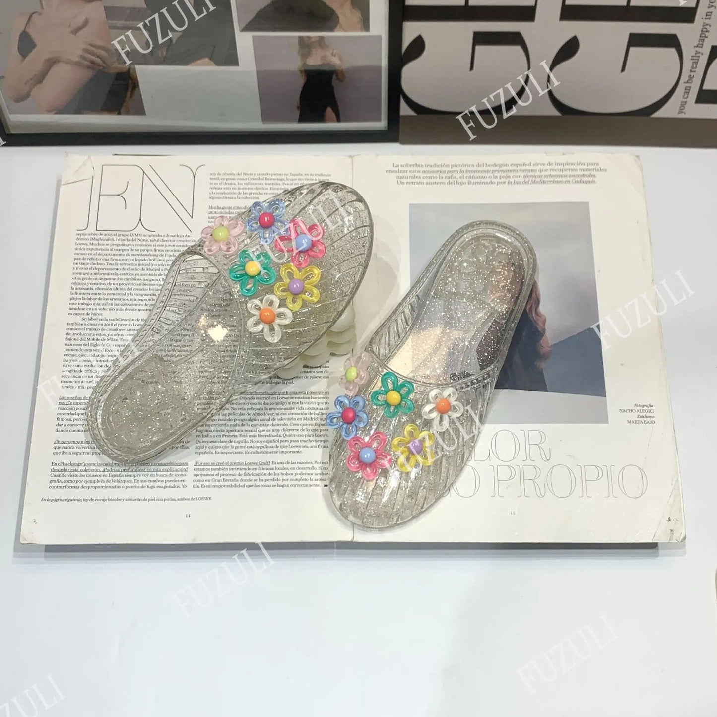 Clear Floral Crystal Jelly Shoes Transparent Slip On Sandals Summer Casual Open Toe Jelly Slippers Women Daily Beach Footwear