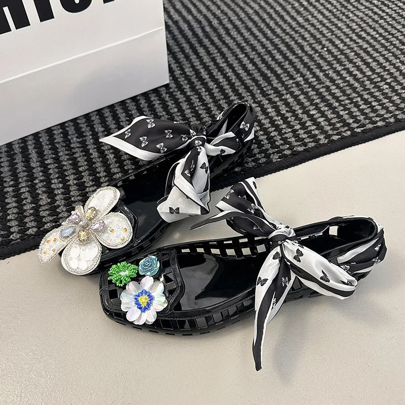 2025 Korea Style Jelly Flats Fashion Lace Band Shoes Accessories Women Loafers Hollow Square Toe Women Beach Sandals Soft Sole