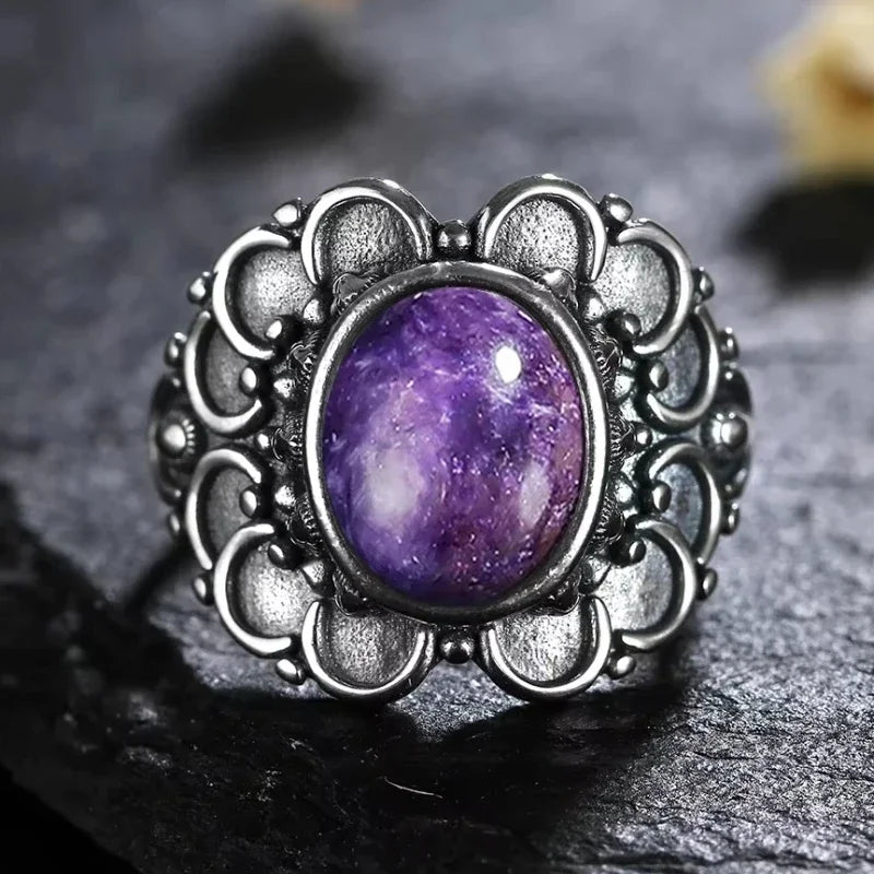 S925 Sterling Silver Vintage Ring With Natural Amethyst Two Stone Ring Waterdrop Shape Fine Jewelry Gifts for Women