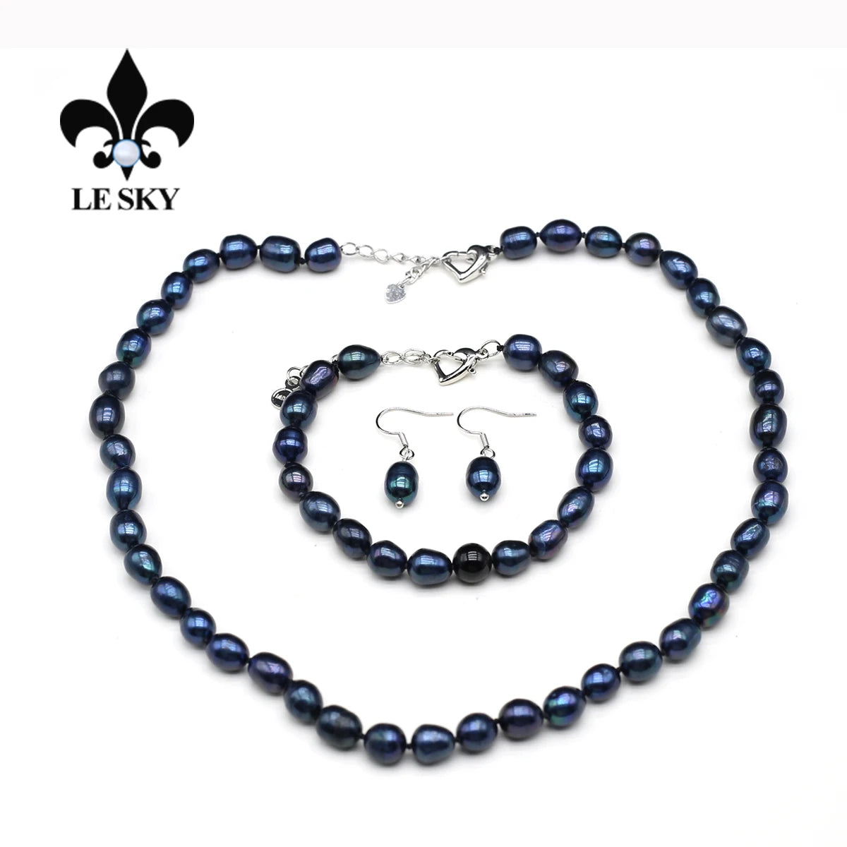 LE SKY Natural Freshwater Pearl Set Potato Shape Elasticity Pearl Bead Bracalet Necklace Earrings Wedding Party Accessories 8-9