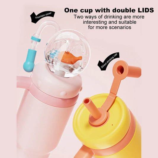 710ML Stainless Steel Whale Fountain Tumbler with Handle Leak Proof Whale Squirt Drinking Cup Water Bottle with Straw Creative G