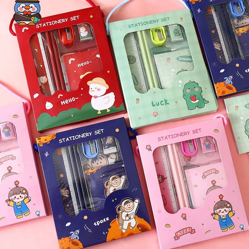 6Pcs Creative Children Stationery Set Cartoon Pencil Sharpener Eraser Note Book Ruler Pencil Kawaii School Supplies Gifts