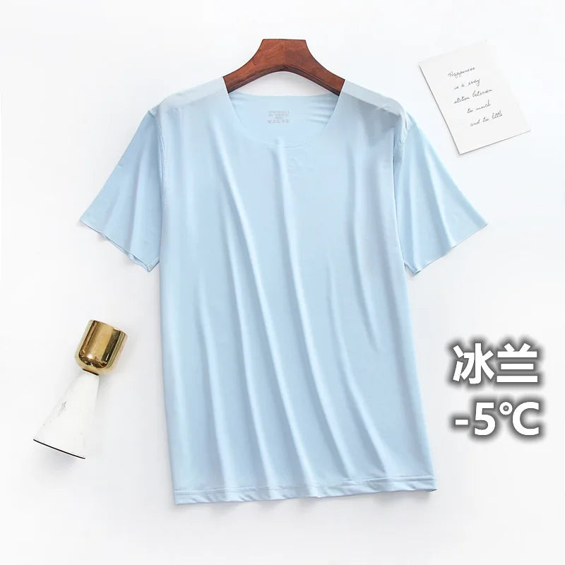 Summer Ultra-thin Sleep Tops Liquid Ice Silk Round Neck High-elastic Leisure Home Cooling Bottom Tshirts Lightweight Pajama Top