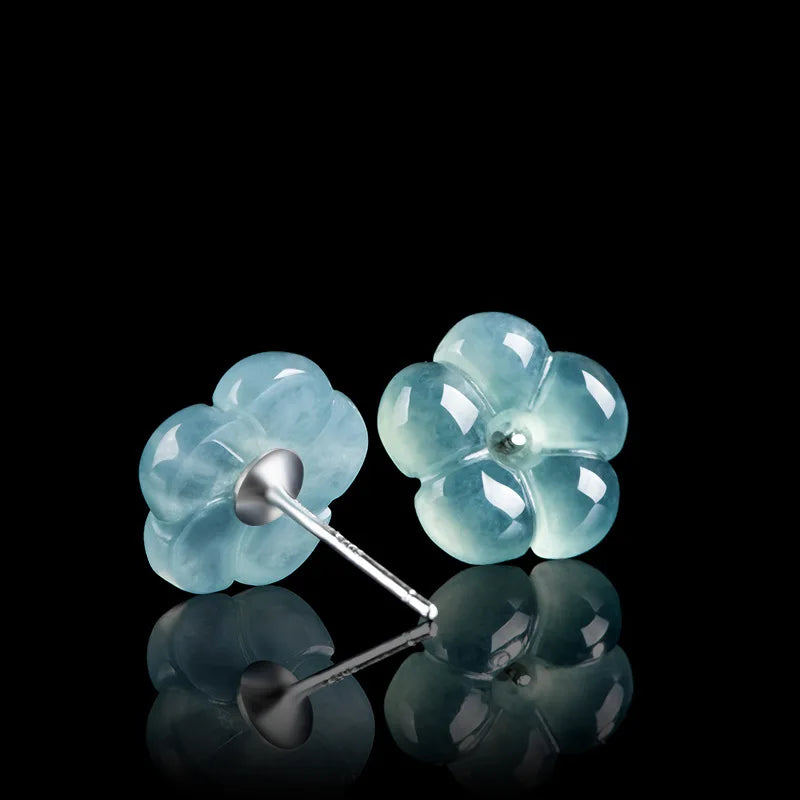 Natural A-grade Jade Blue Water Plum Blossom Earrings Ice Jadeite Petals S925 Silver Inlaid Antique Style Women's Gifts Jewelry