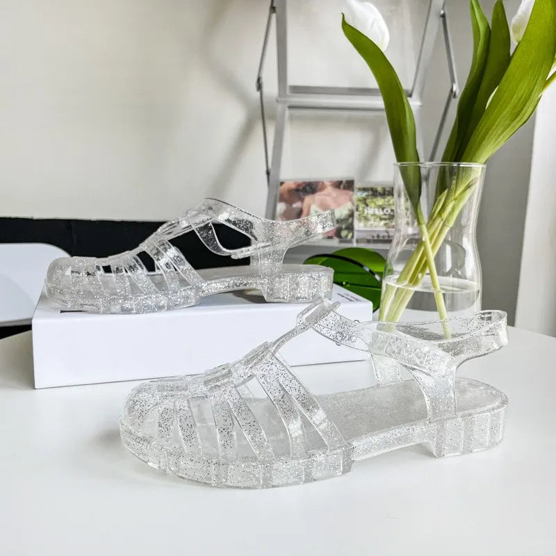 Summer Baotou Roman Women's Sandals Vintage Flat Heel Transparent Crystal Beach Shoes Flat Bottom Plastic Jelly Shoes SHW147
