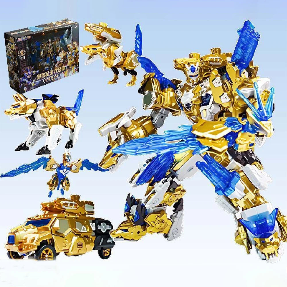 NEW 6 In 1 Pulisi Gold Transforming Robot Shapeshifting League Toys The War of Fierce Beasts Combined Deformed Vehicle Figure