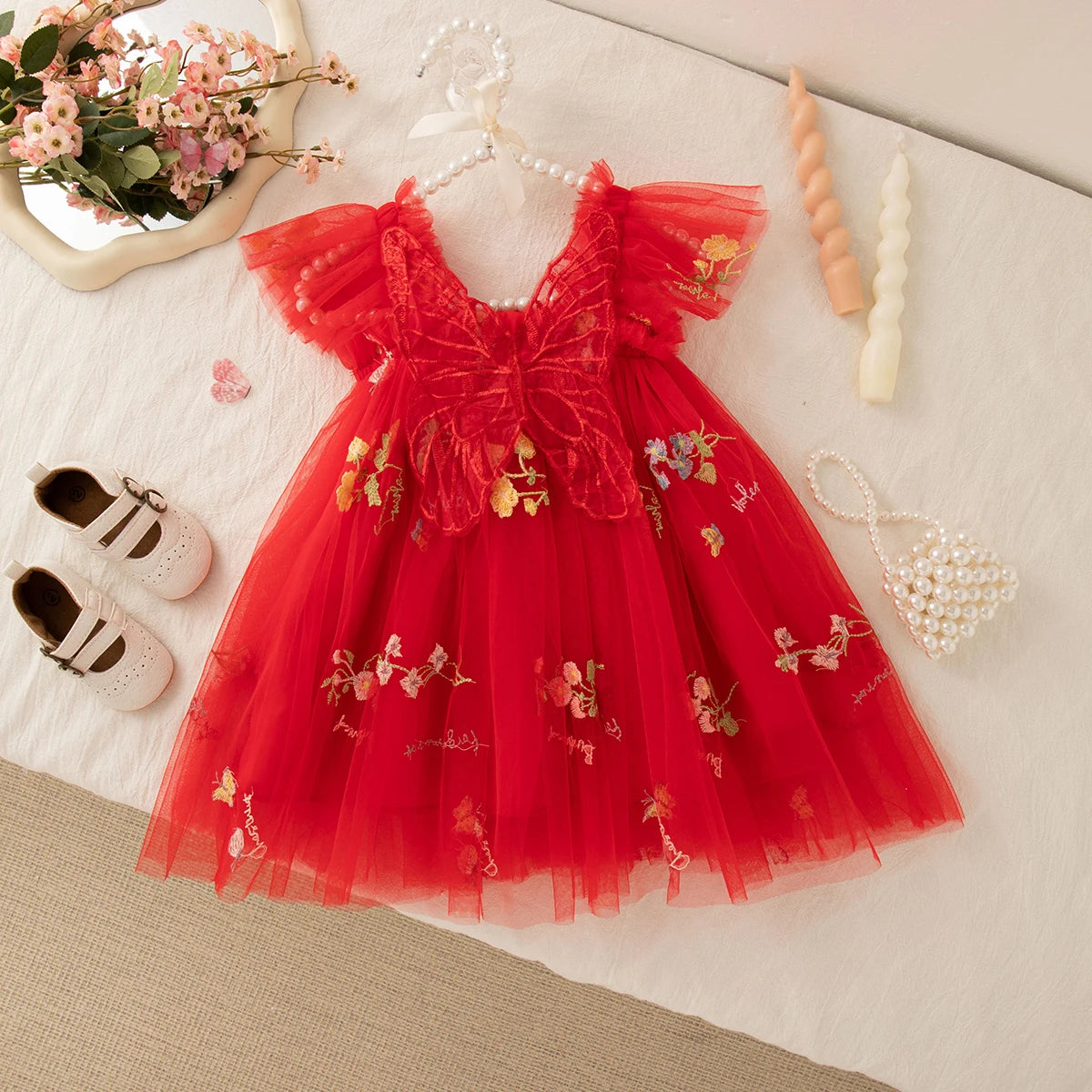 Summer Baby Girl Butterfly Wing Princess Dress Floral Embroidery Sleeveless Gauze Dress Girl Wedding Party Costume Nine Colors