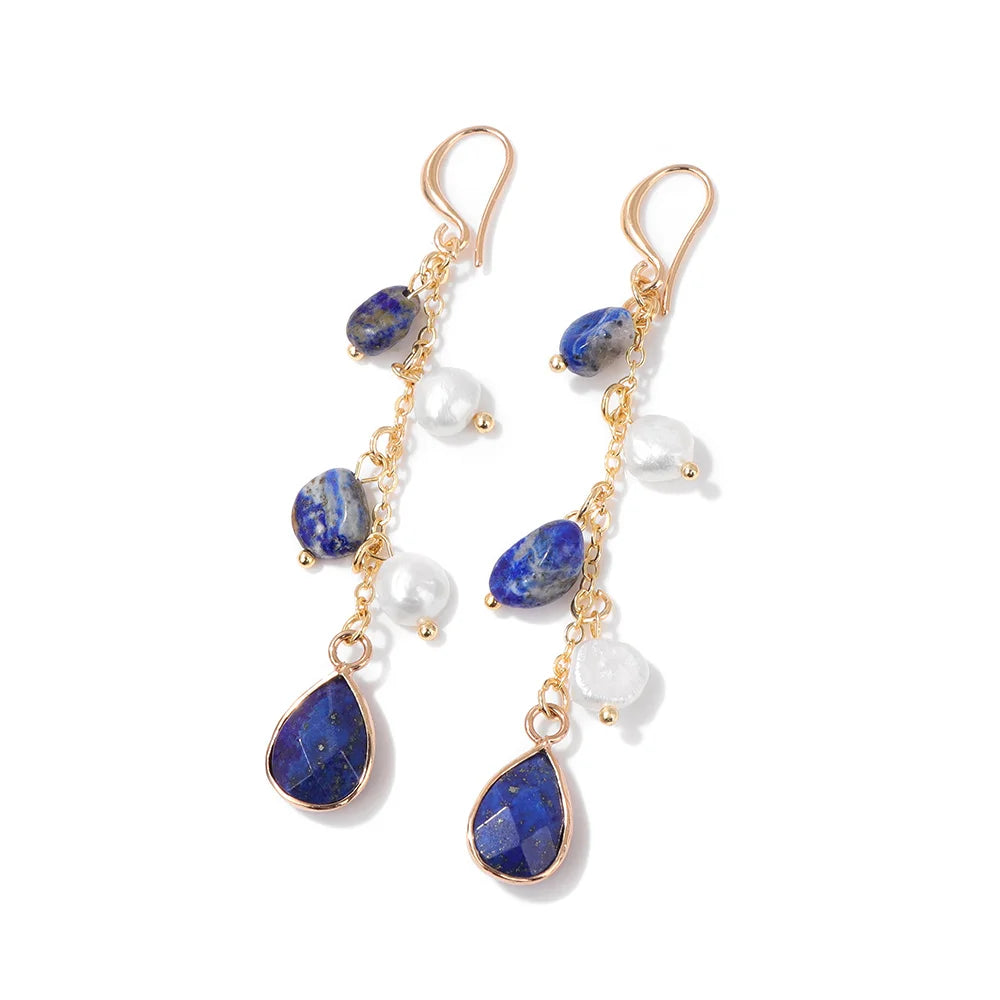 Natural Stone Long Earring Water Drop Pendent Amethysts Agates Lapis Lazuli Pearl Dangle Earrings for Women Girl Fashion Jewelry