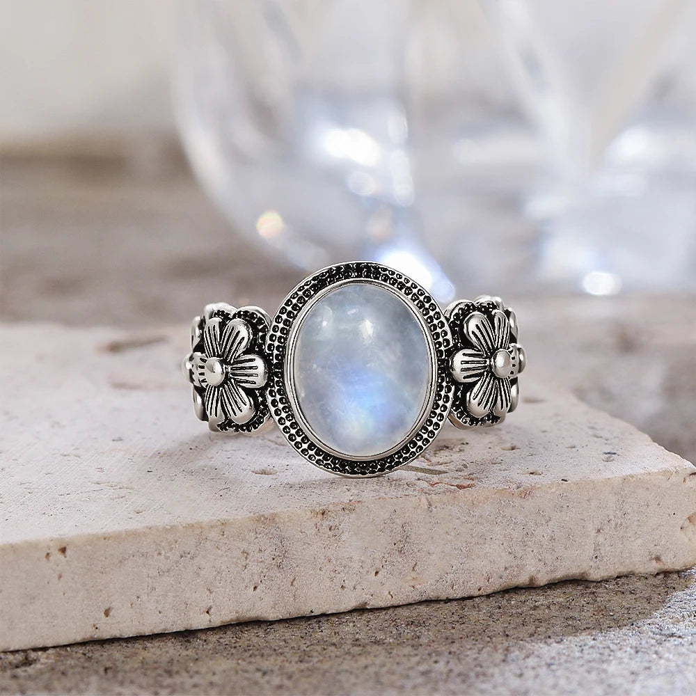 Vintage S925 Sterling Silver Rose Flower Ring With Oval 8*10mm Natural Moonstone Sweet Ring Fine Jewelry For Woman