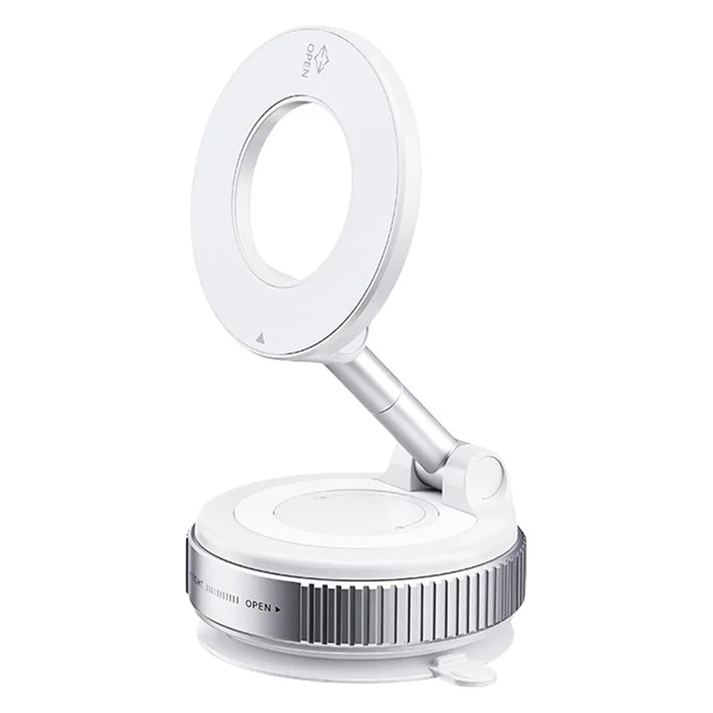 New car phone holder with magnetic suction, folding vacuum suction, rotating folding mechanism, and large silicone suction cup.