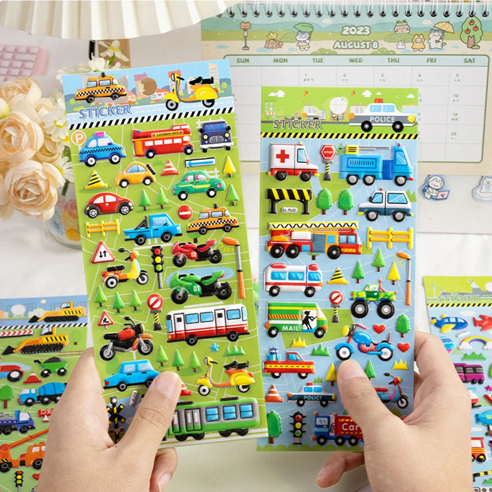 6Sheets 3D Bubble Sticker Car Truck Dinosaurs Marine Animals Cartoon Decals WaterproofKids Funny Educational Decals Toys