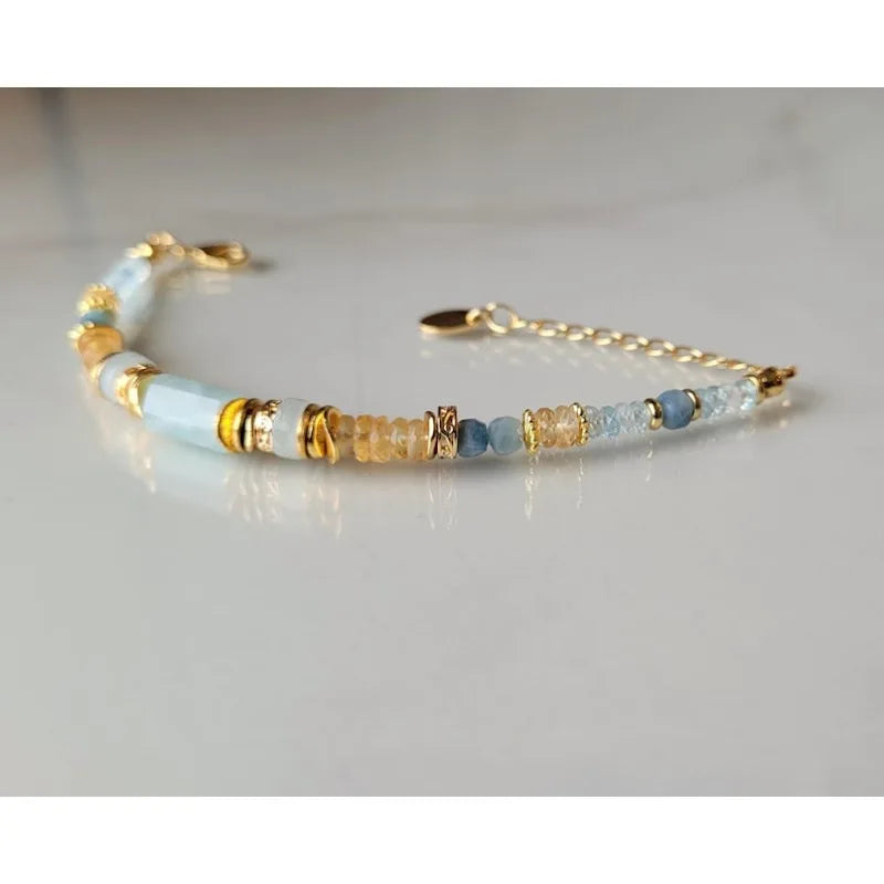 Citrine Aquamarine Bracelet For Women Adjustable Natural Stone Bracelet Cleor Mother-of-Pearl Handcrafted Jewelry