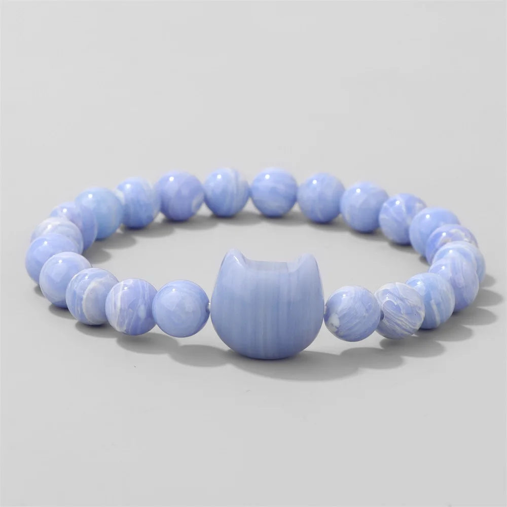 Natural Cat Head Carved Stone Bracelet Tiger Eye Amethyst Agate 8mm Round Gem Bead Elastic Bracelets For Women Men Jewelry Gift