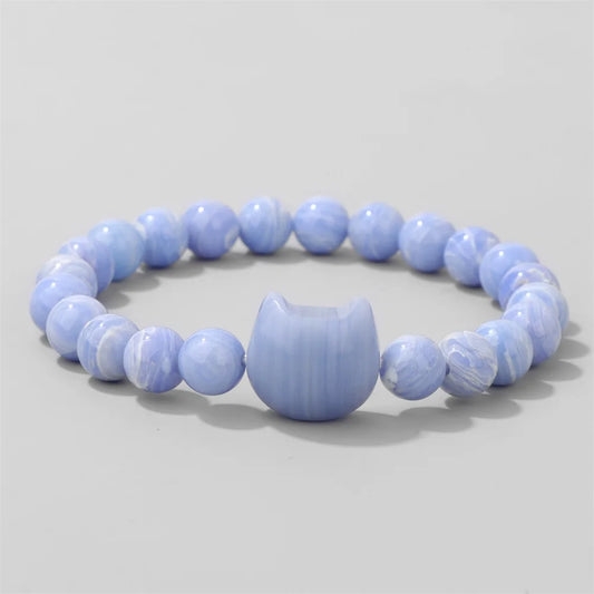 Natural Cat Head Carved Stone Bracelet Tiger Eye Amethyst Agate 8mm Round Gem Bead Elastic Bracelets For Women Men Jewelry Gift