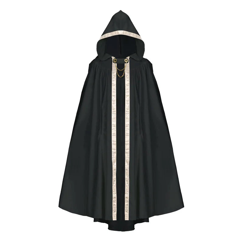 Medieval Hooded Cloak with Lace & Ribbon Trim – Renaissance Costume Cape, 6 Colors