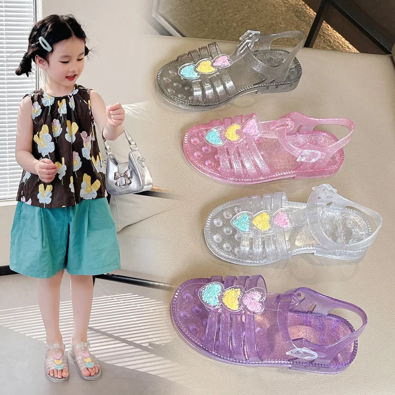 Fashion Girls Jelly Sandals New Summer Children's Shoes Girls Open-toe Crystal Love Shoes Children Baby Princess Beach Sandals