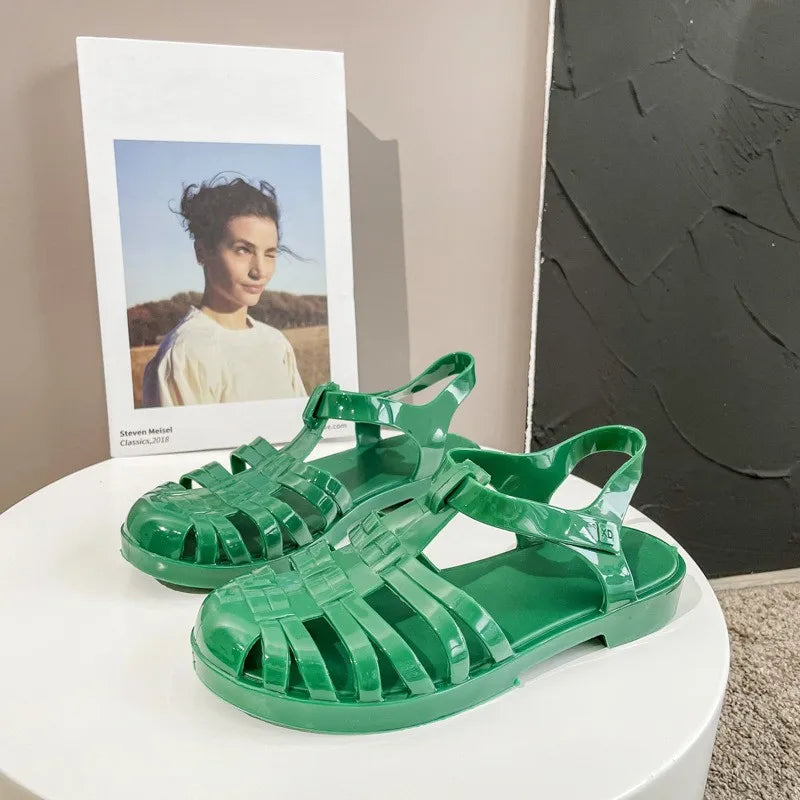 Summer Baotou Roman Women's Sandals Vintage Flat Heel Transparent Crystal Beach Shoes Flat Bottom Plastic Jelly Shoes SHW147