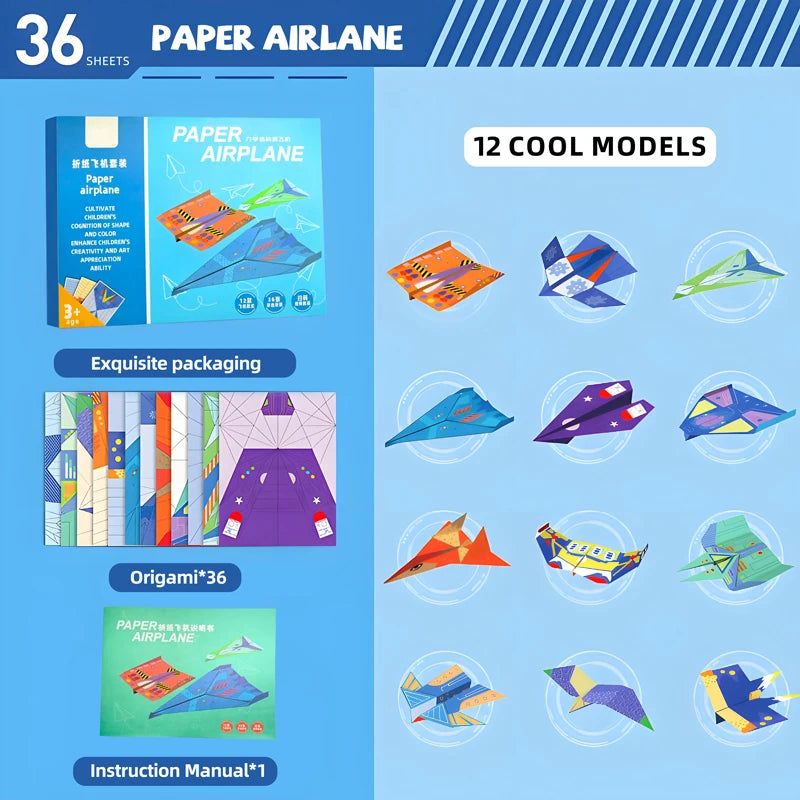 36 Sheets Kids Paper Airplane Origami Kit STEM Educational DIY Craft Toy Set Fun Parent-Child Activity Birthday Party Favor Gift