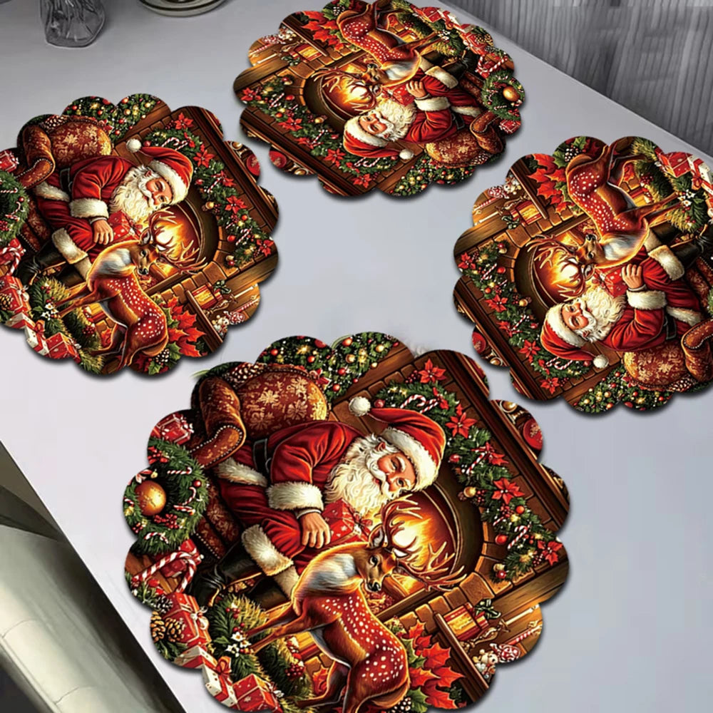 Santa Claus Reindeer Fireplace Christmas Placemat Gift Box Candy Cane Snowflake Table Mat Winter Holiday Dinner Table Decoration