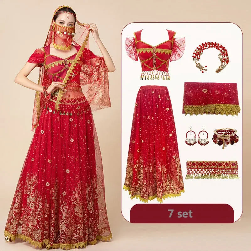 Women Festival Halloween Cosplay Belly Dance Top Dress Adult Indian Arab Jasmine Sari Fantasy Rave Bollywood Outfit Costume Suit