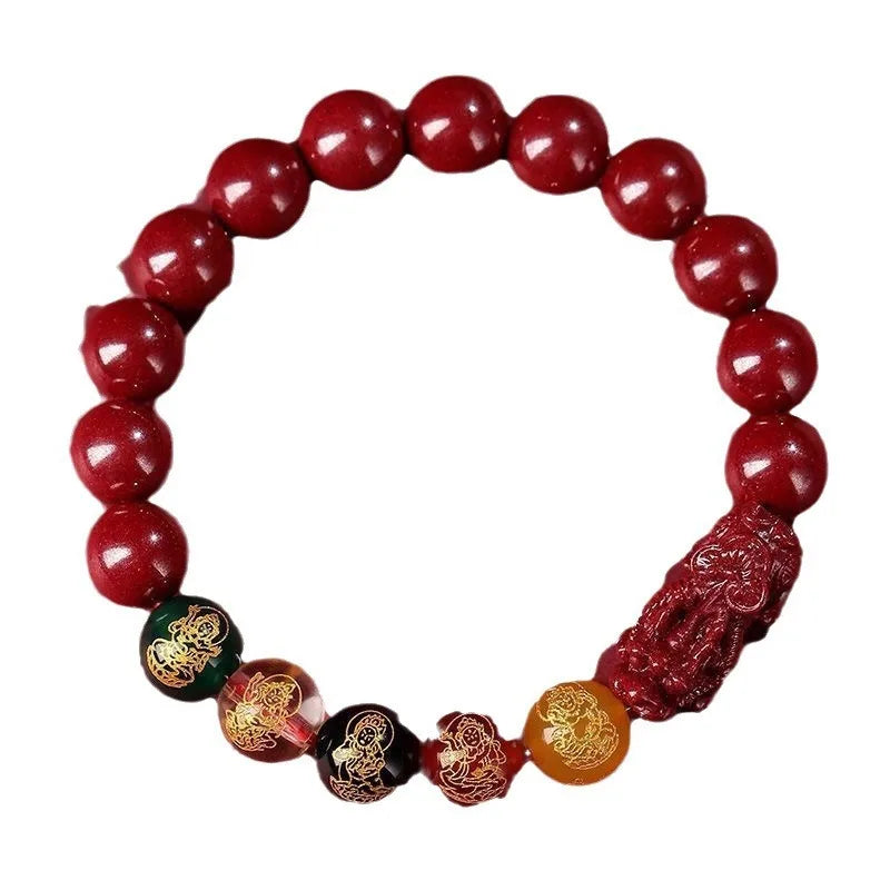 8/10mm Natural Cinnabar Bracelet Women Men Bracelet Lucky Wealth Guardian Amulet Bracelet Carved Vintage Bangles Jewelry Gifts