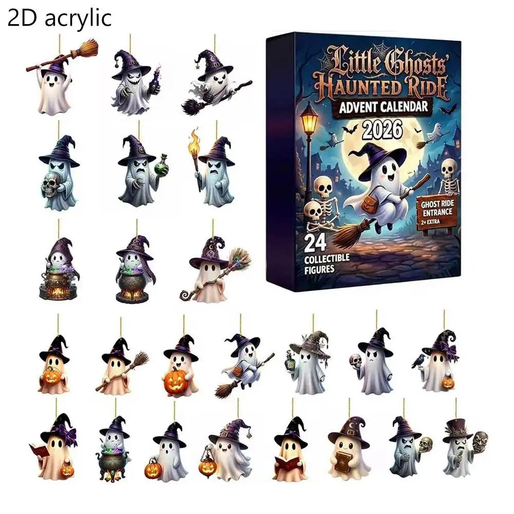 Halloween Ghost Advent Calendar 24Pcs Cute Acrylic Ghost Pendant Countdown Box With Lanyard DIY Keychain Tree Window Decor