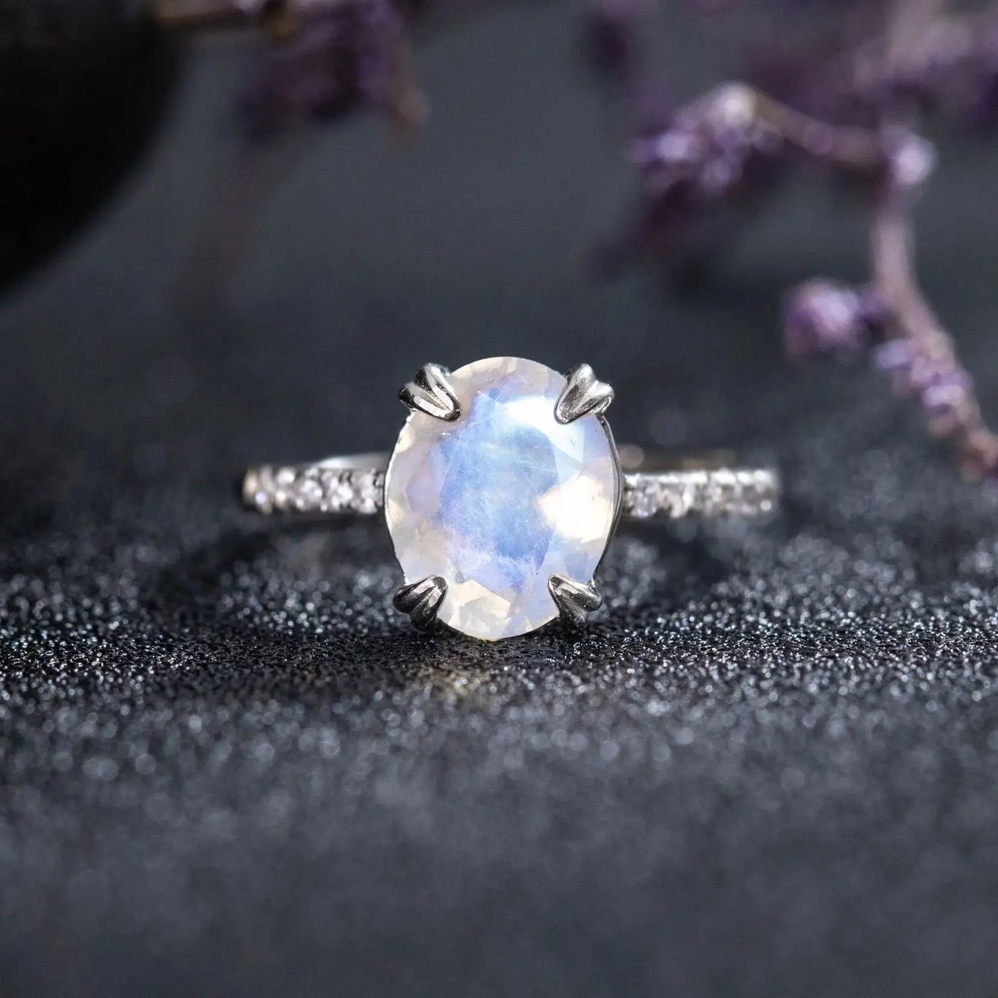 925 Sterling Silver Minimalist Oval Shaped Natural Moonstone Ring Blue Gemstone Engagement Jewelry for Women Half Eternity Band