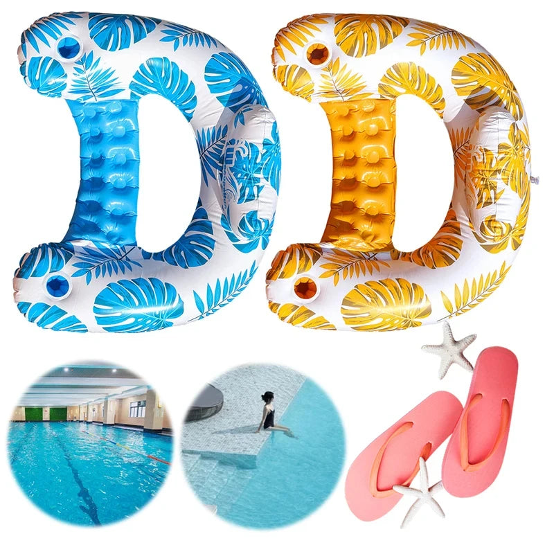 Inflatable Tropical Leaves Pool Lounger with Headrest Cup Holders Floating Raft Chair for Summer Water Fun Party