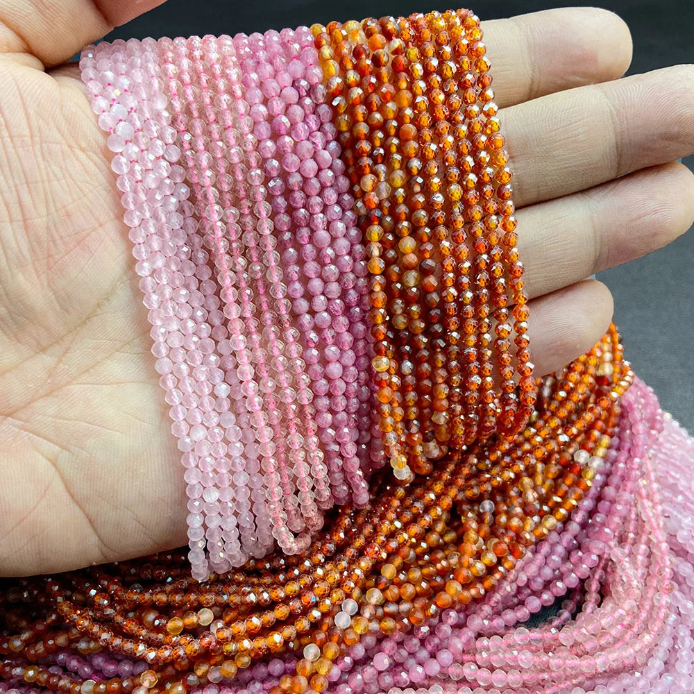 2mm 3mm 4mm Faceted Natural Stone Pink Rose Quartzs Crystal Beads Round Amethysts Loose Beads for DIY Jewelry Making Necklace