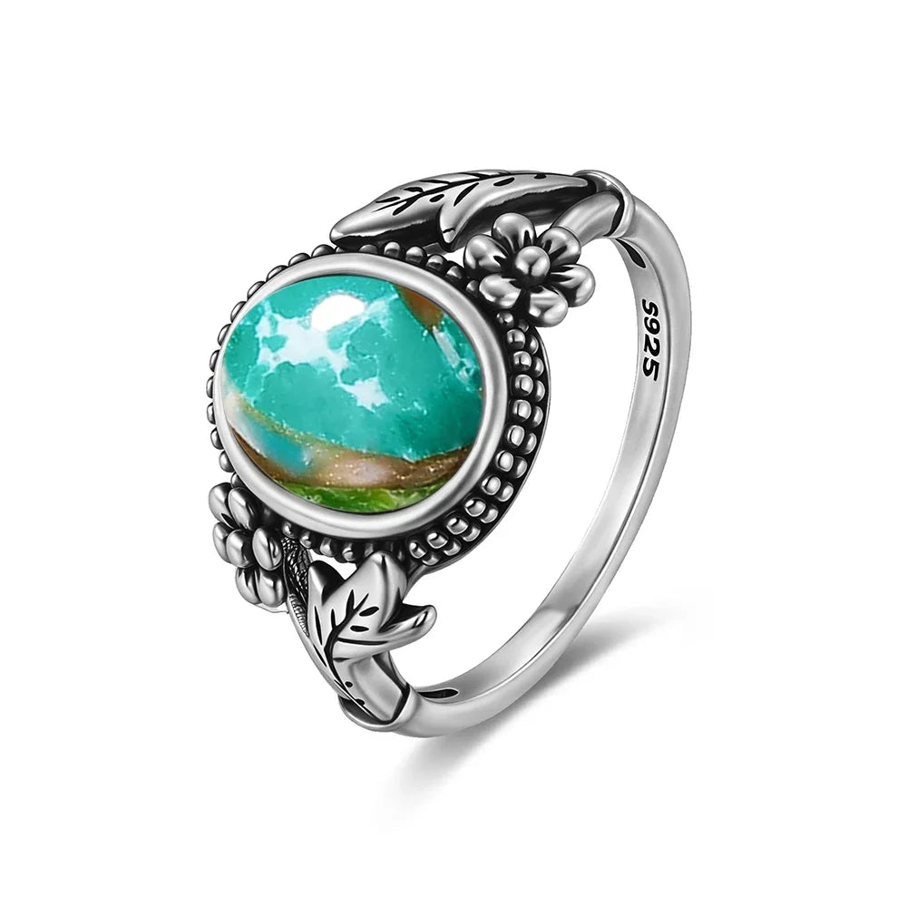Vintage S925 Sterling Silver Ring with Oval Natural Emperor's Stone Flower Shape Hollow out Ring Fine Jewelry for Women