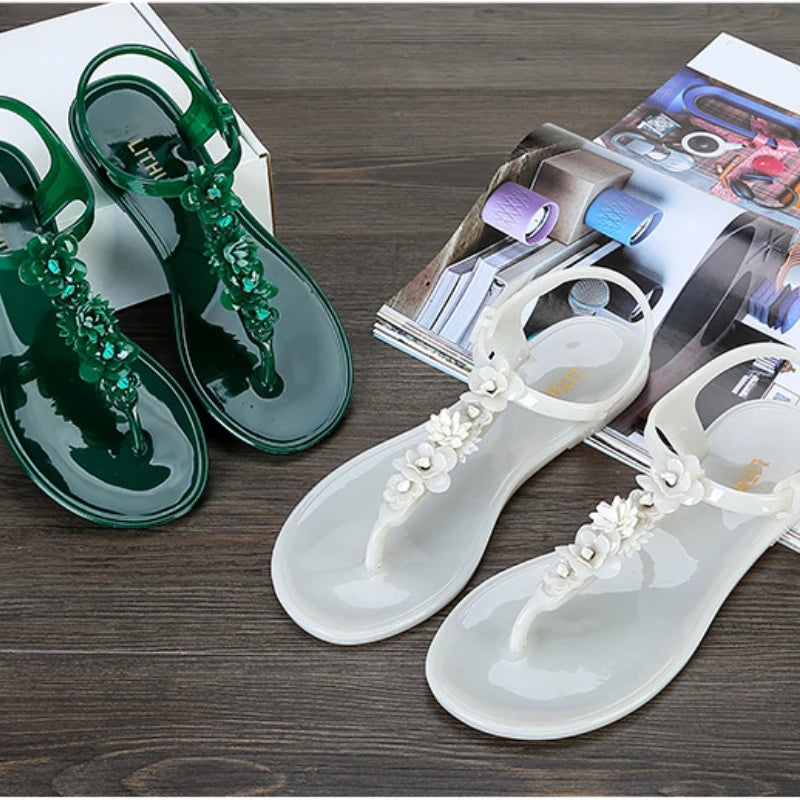 Summer Handwork Flower Women jelly Sandals 2025 New Clip Toe Flip Flops Shoes Female Flat Casual Beach Holiday Non-slip Slippers
