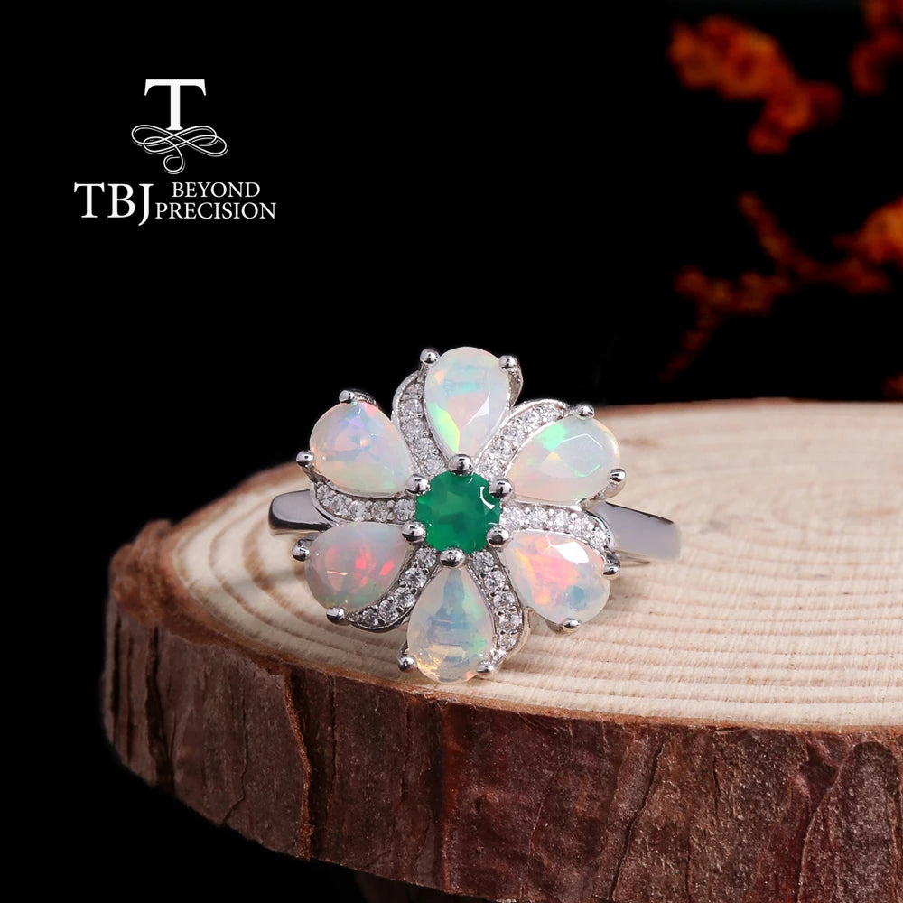 Women's Natural Opal Green Agate Jewelry Set S925 Sterling Silver Real Gemstone Pendant Necklace Earrings Ring Trifecta Gift
