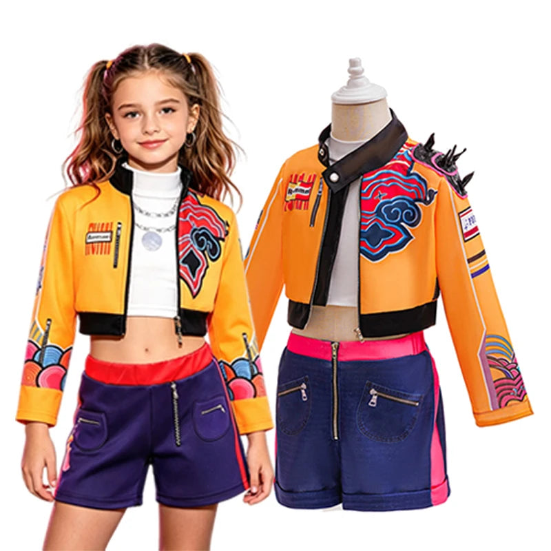 Kids Girls Street‑Style Fancy Cosplay Kit 3D Printed Cropped Jacket Shorts for Halloween Birthday Theme Party Role‑Play Outfit