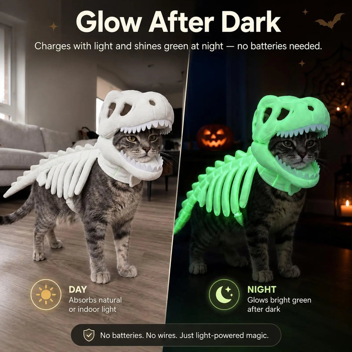 Funny Glow In Dark Dinosaur Skeleton Pet Outfit Soft Fluffy Dinosaur shaped Halloween Role Play Suit For Cats And Small Dogs
