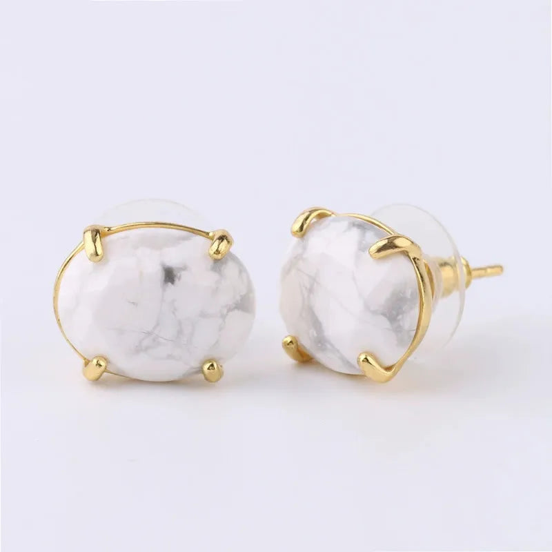 Oval Shape Stud Earrings Silver Color Natural Stone Faceted Pink Quartz Crystal Tiger Eye lapis lazuli Healing Jewelry Female