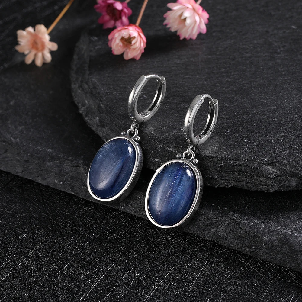 Simple Style Large Oval Natural Kyanite S925 Silver Hoop Earrings Gems Elegant Pendant Luxury Jewelry Anniversary Gift