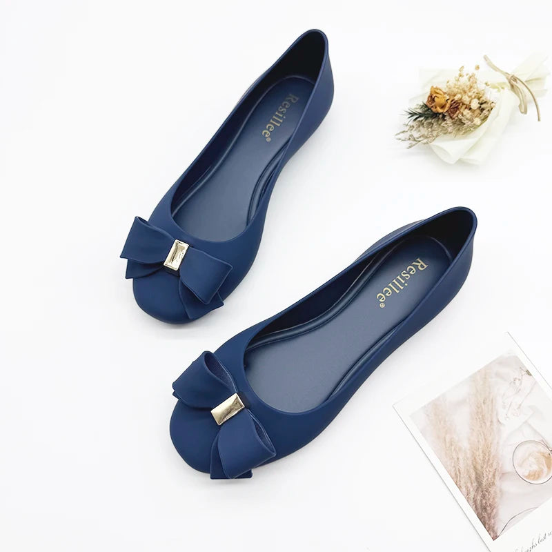 Resillee Women's Bow Knot Jelly Shoes Closed Toe Flat Sandals, Waterproof Rubber Slip On Casual Summer Beach Shoes, Wide Feet Pl